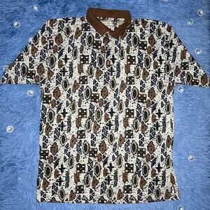 VINTAGE M.E Sport Polo Shirt Size Medium Mens Brown Shapes Size 90s